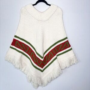 70s Knit Poncho Fringe Geometric Tribal Print One Size